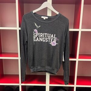 Spiritual Gangster Charcoal Crewneck Sweatshirt with Lavender Floral Logo
